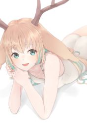 Rule 34 | 1girl, animare, antlers, aqua eyes, atsushima, bare arms, bare shoulders, blonde hair, blurry, breasts, collarbone, depth of field, elbow rest, horns, invisible floor, long hair, looking at viewer, lying, medium breasts, multicolored hair, nanashi inc., on stomach, one-piece swimsuit, parted lips, smile, solo, streaked hair, swimsuit, tsukinoki tirol, virtual youtuber, white background, white one-piece swimsuit