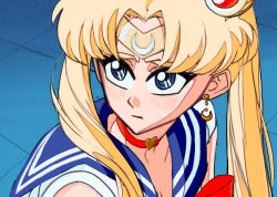Rule 34 | 1girl, bishoujo senshi sailor moon, blonde hair, blue eyes, blue sailor collar, blush, breasts, choker, circlet, cleavage, collarbone, crescent, crescent earrings, derivative work, earrings, hair over shoulder, heart, heart choker, highres, jewelry, long hair, meme, red choker, sailor collar, sailor moon, sailor moon redraw challenge (meme), sailor senshi uniform, screenshot redraw, solo, tsukino usagi, twintails, upper body, zillionaire
