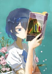 Rule 34 | 1girl, absurdres, blue eyes, blue hair, blue hairband, blue ribbon, book, cevio, closed mouth, collared shirt, commentary request, english text, expressionless, floral background, flower, flower request, green background, hairband, half-closed eyes, hand up, highres, holding, holding book, kabuyama kaigi, neck ribbon, one eye covered, open book, pink flower, puffy short sleeves, puffy sleeves, reading, ribbon, shirt, short hair, short sleeves, simple background, solo, suzuki tsudumi, white shirt