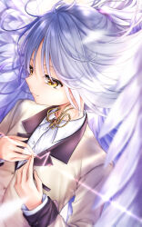Rule 34 | 1girl, angel, angel beats!, angel wings, blurry, closed mouth, commentary request, depth of field, dress shirt, eyebrows hidden by hair, eyelashes, feathered wings, fingernails, floating hair, hair between eyes, hand on own chest, heartbeat, highres, jacket, long hair, long sleeves, looking afar, mini dang01, neck ribbon, nose, own hands together, profile, ribbon, school uniform, shirt, short ponytail, smile, solo, tenshi (angel beats!), white hair, white shirt, white wings, wings, yellow eyes, yellow jacket, yellow ribbon