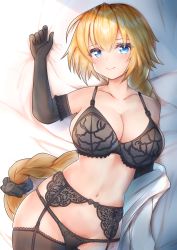 Rule 34 | 1girl, absurdres, bare shoulders, bed sheet, black bra, black gloves, black panties, black thighhighs, blonde hair, blue eyes, blush, bra, breasts, cleavage, closed mouth, collarbone, elbow gloves, fate/grand order, fate (series), garter belt, gloves, hair ornament, hair scrunchie, highres, jeanne d&#039;arc (fate), jeanne d&#039;arc (ruler) (fate), large breasts, long hair, looking at viewer, lying, navel, nuts (hazel-nuts), on back, on bed, panties, pillow, scrunchie, smile, solo, stomach, thighhighs, underwear, underwear only, very long hair