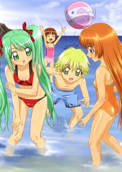Rule 34 | 00s, 1boy, 3girls, :d, ^ ^, amagi mikaru, ankoku tiger, ball, beachball, bikini, blonde hair, blue male swimwear, blue swim trunks, bow, brown eyes, brown hair, casual one-piece swimsuit, closed eyes, competition swimsuit, facing viewer, flame print, frilled one-piece swimsuit, frills, from side, green eyes, green hair, hair bow, hair ornament, hippo (mermaid melody pichi pichi pitch), long hair, looking at another, male swimwear, mermaid melody pichi pichi pitch, multiple girls, ocean, official style, one-piece swimsuit, open mouth, orange eyes, orange hair, orange one-piece swimsuit, outdoors, pink one-piece swimsuit, print male swimwear, print swim trunks, print swimsuit, red bow, red one-piece swimsuit, seira (mermaid melody pichi pichi pitch), short hair, smile, swim trunks, swimsuit, twintails, very long hair, wading, water, yuuri (mermaid melody pichi pichi pitch)