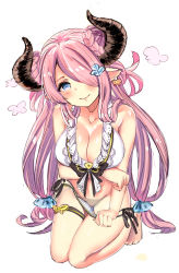 Rule 34 | 10s, 1girl, alternate costume, bare arms, bare legs, bare shoulders, barefoot, bikini, bikini pull, blue eyes, braid, breast hold, breasts, clothes pull, demon horns, double bun, draph, granblue fantasy, groin, hair ornament, hair over one eye, highres, horns, large breasts, light purple hair, long hair, looking at viewer, low twintails, narmaya (granblue fantasy), narmaya (summer) (granblue fantasy), navel, pointy ears, seiza, sitting, smile, solo, swimsuit, thigh strap, twin braids, twintails, white bikini, yikoyi