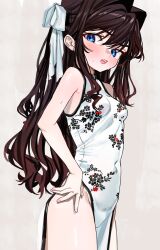 Rule 34 | 1girl, adjusting clothes, armpit crease, armpit peek, bare arms, bare shoulders, blue eyes, blush, breasts, brown hair, china dress, chinese clothes, covered navel, cowboy shot, d:, dress, elisia valfelto, floral print, flustered, furrowed brow, grey background, groin, hair between eyes, hair intakes, hair ribbon, highres, long hair, looking at viewer, looking to the side, luicent, nose, open mouth, original, parted lips, pelvic curtain, print dress, ribbon, sidelocks, sleeveless, sleeveless dress, small breasts, solo, standing, sweat, teeth, thighs, tight clothes, tight clothes, tight dress, upper teeth only, wavy hair, white dress, white ribbon