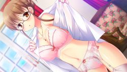 1girl blush bra breasts brown_hair chair chuablesoft cleavage cross cross_necklace dutch_angle female_focus game_cg garter_belt garter_straps glasses highres huge_breasts indoors jewelry kirihara_misuzu kunai_uri large_breasts lingerie looking_away navel necklace necktie noblesse_of_rouge open_clothes orange_eyes panties pink_bra pink_panties short_hair solo standing thighhighs underwear undressing