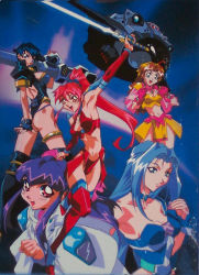 Rule 34 | 1990s (style), 5girls, armpits, ass, boots, breasts, cleavage, dennou sentai voogie&#039;s angel, dennou sentai voogies angel, multiple girls, oobari masami, ponytail, retro artstyle, sword, thigh boots, thighhighs, voogies angel, weapon