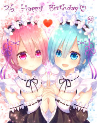 Rule 34 | 2girls, absurdres, black ribbon, blue background, blue eyes, blue hair, blunt bangs, breasts, cleavage, cleavage cutout, closed mouth, clothing cutout, dated, detached sleeves, english text, eyelashes, eyes visible through hair, female focus, flower wreath, frilled sleeves, frills, hair ornament, hair ribbon, hand up, happy birthday, heart, highres, holding hands, interlocked fingers, long sleeves, looking at viewer, matching hair/eyes, medium breasts, multicolored background, multiple girls, neck ribbon, open mouth, pink background, pink eyes, pink hair, purple ribbon, ram (re:zero), re:zero kara hajimeru isekai seikatsu, rem (re:zero), ribbon, short hair, siblings, signature, sisters, small breasts, smile, tongue, twins, two-tone dress, upper body, white background, x hair ornament, xx momomo xx