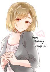 Rule 34 | 10s, 1girl, blush, breasts, brown eyes, brown hair, chii (sbshop), clenched hands, closed mouth, commentary request, dot nose, fueguchi hinami, grey jacket, happy birthday, jacket, kosaka yorik, large breasts, long eyelashes, looking at viewer, shirt, short hair, short sleeves, simple background, smile, solo, tokyo ghoul, tokyo ghoul:re, translation request, white background, white shirt, wings