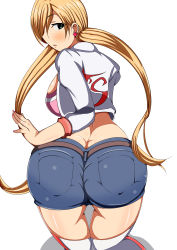 Rule 34 | 1girl, absurdres, artist request, ass, belt, blonde hair, breasts, butt crack, cropped jacket, earrings, from behind, green eyes, gundam, gundam tekketsu no orphans, highres, huge ass, jewelry, lafter frankland, large breasts, long hair, looking at viewer, looking back, low twintails, nail polish, open mouth, parted lips, shiny clothes, shiny skin, short shorts, shorts, sideboob, solo, thighhighs, twintails, very long hair