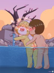 Rule 34 | 1boy, 1girl, animal crossing, ass, blush, breasts, brown hair, furry, heart, hetero, highres, isabelle (animal crossing), nintendo, nude, nyoron-nyan, one eye closed, onsen, open mouth, outdoors, partially submerged, penis, profile, saliva, sex, short hair, small breasts, standing, standing sex, tail, teeth, tiptoes, tree, uncensored, underwater, upper teeth only, vaginal, villager (animal crossing), water