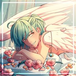 Rule 34 | 1boy, ahoge, androgynous, angel wings, cheer (cheerpuppy14), commentary, earrings, feathered wings, flower, green hair, highres, jewelry, looking at viewer, lotus, lying, male focus, necklace, on stomach, original, pillow, pink flower, smile, solo, teeth, unworn jewelry, unworn necklace, white wings, wings
