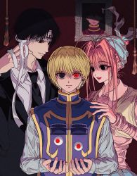 Rule 34 | 1girl, 2boys, androgynous, black hair, black suit, blank eyes, blonde hair, chrollo lucilfer, cross, disembodied eye, earrings, facial tattoo, formal, grey eyes, hand on another&#039;s shoulder, highres, hunter x hunter, inverted cross, jewelry, kurapika, long sleeves, looking at another, looking at viewer, multiple boys, neon nostrade, official alternate costume, pairo, photo (object), pink hair, red eyes, removing bandages, shirt, short hair, suhoyongjungtea, suit, tabard, tattoo, upper body, white shirt