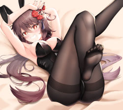 Rule 34 | 1girl, animal ears, arm over head, arm up, armpits, ass, bed sheet, black leotard, black nails, black pantyhose, blush, breasts, brown hair, commentary, dress, fake animal ears, feet, fingernails, flower, flower-shaped pupils, genshin impact, grin, hair flower, hair ornament, highres, hu tao (genshin impact), jewelry, lancheu, leg up, legs, leotard, long hair, looking at viewer, lying, medium breasts, nail polish, on back, pantyhose, playboy bunny, rabbit ears, red eyes, red flower, ring, smile, soles, solo, star-shaped pupils, star (symbol), strapless, strapless dress, symbol-shaped pupils, tassel, thumb ring, toes, twintails