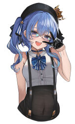 Rule 34 | 1girl, appleseed (appleseed art), arm behind back, belt collar, beret, black gloves, black hat, blue-framed eyewear, blue eyes, blue hair, blue ribbon, blush, breasts, collar, collared shirt, commentary request, covered navel, cropped torso, crown, glasses, gloves, half gloves, hand up, hat, highres, hololive, hoshimachi suisei, long hair, looking at viewer, medium breasts, mini crown, neck ribbon, open mouth, ribbon, semi-rimless eyewear, shirt, simple background, sleeveless, sleeveless shirt, smile, solo, star (symbol), star in eye, suspenders, symbol in eye, teeth, two side up, upper teeth only, v, virtual youtuber, white background, white shirt