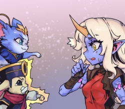 Rule 34 | 1boy, 1girl, animal, black eyes, blonde hair, breasts, cat, character request, clenched hand, from side, gag, gagged, horns, improvised gag, kennen, league of legends, legends of runeterra, long hair, long sleeves, medium breasts, phantom ix row, pink background, pointy ears, red scarf, red shirt, scarf, shirt, single horn, smile, soraka (league of legends), tape, tape gag, tearing up, yordle, yuumi (league of legends)
