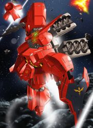 Rule 34 | arm shield, asaba naoto, asteroid, beam rifle, char&#039;s counterattack, commentary, energy gun, explosion, flying, funnels (gundam), glowing, glowing eye, green eyes, gun, gundam, highres, holding, holding gun, holding weapon, insignia, mecha, mecha focus, mobile suit, neo zeon, no humans, one-eyed, robot, sazabi, science fiction, solo, space, thrusters, weapon