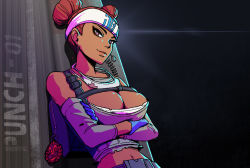 Rule 34 | 1girl, apex legends, arm warmers, backpack, bad link, bag, bare shoulders, belt, blue gloves, blush, breasts, brown eyes, brown pants, charm (object), cleavage, commentary, crossed arms, dark skin, dark-skinned female, double bun, english commentary, eyeliner, gloves, half-closed eyes, headband, headset, large breasts, lifeline (apex legends), looking at viewer, makeup, mascara, mask, midriff, mouth mask, pants, pikat, red hair, shoes, solo, standing, upper body