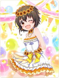 Rule 34 | 10s, arms behind back, battle girl high school, black hair, blush, dress, fang, flower, head wreath, jewelry, looking at viewer, minami hinata, necklace, official art, one eye closed, open mouth, ribbon, short hair, solo, sunflower, yellow eyes