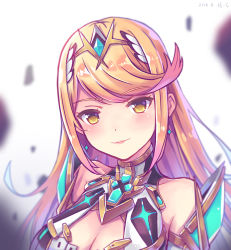 Rule 34 | 1girl, armor, blonde hair, breasts, cleavage, dress, gloves, large breasts, long hair, looking at viewer, mythra (xenoblade), nintendo, simple background, smile, solo, xenoblade chronicles (series), xenoblade chronicles 2, xenoblade chronicles (series), xenoblade chronicles 2, yellow eyes, zhandou greymon