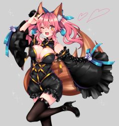 Rule 34 | 10s, 13 (spice!!), 1girl, ;d, absurdres, animal ears, bad id, bad pixiv id, bare shoulders, black dress, black footwear, black thighhighs, blue bow, blush, bow, breasts, cleavage, detached sleeves, dress, fate/extra, fate/extra ccc, fate (series), fox ears, fox girl, fox shadow puppet, fox tail, hair between eyes, hair bow, harness, heart, high heels, highres, large breasts, leg up, long hair, long sleeves, looking at viewer, official alternate costume, one eye closed, open mouth, orange eyes, pink hair, shoes, short dress, sidelocks, sleeves past wrists, smile, solo, tail, tamamo (fate), tamamo no mae (fate/extra), tamamo no mae (sable mage) (fate), thighhighs, twintails, wide sleeves