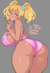 Rule 34 | 1girl, 2020, agawa ryou, artist name, ass, bare shoulders, blonde hair, breasts, commentary request, dark-skinned female, dark skin, dated, from behind, grey background, grin, huge breasts, long hair, looking at viewer, looking back, no bra, original, overalls, sideboob, signature, simple background, smile, solo, suspenders, thick eyebrows, thick thighs, thighs, twintails, yellow eyes
