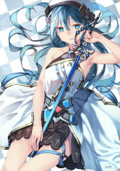 Rule 34 | 1girl, armpits, artist name, black skirt, blue eyes, blue hair, blush, breasts, closed mouth, collarbone, highres, holding, holding sword, holding weapon, long hair, looking at viewer, lying, medium breasts, on back, original, saraki, signature, skirt, smile, solo, sword, weapon