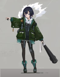 Rule 34 | 1girl, :/, backpack, bag, black pantyhose, blunt bangs, boots, clothes writing, club (weapon), commentary, cross-laced footwear, drawstring, earrings, frown, full body, gloves, green jacket, grey background, half gloves, highres, holding club, hood, hoodie, horns, jacket, jewelry, jiang1274, knee pads, oni, oni horns, original, outstretched arm, pantyhose, pantyhose under shorts, purple eyes, purple hair, short hair, short shorts, shorts, simple background, single knee pad, solo, standing, weapon