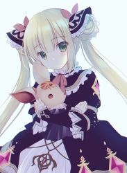 Rule 34 | 1girl, black dress, blonde hair, blue background, closed mouth, commentary request, double bun, dress, green eyes, hair between eyes, hair bun, hair ribbon, juliet sleeves, long hair, long sleeves, looking at viewer, luna (shadowverse), hugging object, puffy sleeves, red ribbon, ribbon, shadowverse, shirogane hina, simple background, sleeves past wrists, solo, stuffed animal, stuffed dog, stuffed toy, twintails, very long hair
