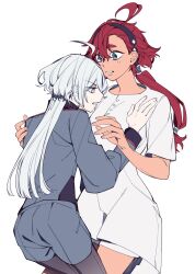 Rule 34 | 2girls, ahoge, asticassia school uniform, black hairband, cowboy shot, gundam, gundam suisei no majo, hairband, hand on another&#039;s chest, hand on another&#039;s shoulder, height difference, highres, long hair, long sleeves, low ponytail, miorine rembran, multiple girls, parted lips, profile, red hair, school uniform, short sleeves, suletta mercury, white background, white hair, yuri, zhuotian