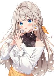 Rule 34 | 1girl, blue eyes, blush, bow, braid, earrings, flower earrings, frilled sleeves, frills, grey hair, hair bow, halterneck, highres, jewelry, long hair, long sleeves, looking at viewer, midriff, off-shoulder shirt, off shoulder, open mouth, original, own hands together, sakunagita, shirt, shirt under shirt, smile, solo, very long hair, virtual youtuber