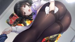 Rule 34 | 1girl, :o, ai kiss 2, ass, bent over, black hair, blush, bra, breasts, brown eyes, female focus, from behind, game cg, giga (company), groin, highres, indoors, kanno junko, kirisawa saki, legs, light blush, looking at viewer, looking back, medium hair, open mouth, original, panties, panties under pantyhose, pantyhose, skirt, unworn skirt, small breasts, solo, standing, thighs, tissue, unbuttoned, unbuttoned shirt, underwear
