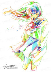 Rule 34 | 1girl, artist name, colorful, commentary request, floating hair, hatching (texture), highres, long hair, long sleeves, neckerchief, original, partial commentary, pleated skirt, procreate (medium), sailor collar, sailor shirt, school uniform, serafuku, shirt, signature, skirt, solo, standing, watanabe tomari, watermark, white background