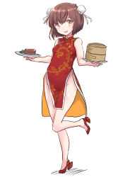 Rule 34 | 1girl, bamboo steamer, breasts, brown eyes, brown hair, bun cover, china dress, chinese clothes, double bun, dress, food, fuji (pixiv24804665), full body, hair bun, high heels, highres, kantai collection, leaf print, meat, open mouth, plate, red dress, rudder footwear, short hair, side slit, simple background, small breasts, solo, standing, standing on one leg, tan yang (kancolle), white background, yukikaze (kancolle)