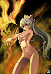 Rule 34 | 1girl, absurdres, bad id, bad pixiv id, bow, breast hold, breasts, club3, covering privates, female focus, fire, fujiwara no mokou, hair bow, hair ribbon, highres, long hair, nude, nude cover, red eyes, ribbon, silver hair, small breasts, solo, touhou