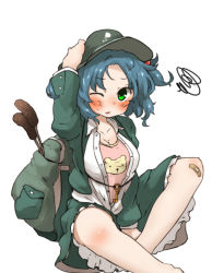 Rule 34 | 1girl, amonitto, animal print, backpack, bag, bandaid, bandaid on knee, bandaid on leg, bear print, blue hair, blush, breasts, cattail, cleavage, collarbone, green eyes, hair bobbles, hair ornament, hand on headwear, hat, jacket, kawashiro nitori, large breasts, looking at viewer, one eye closed, open clothes, open jacket, open shirt, plant, shirt, simple background, sitting, solo, squiggle, touhou, twintails, two side up, unbuttoned, undershirt, white background, wink