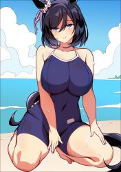 1girl animal_ears bare_shoulders barefoot beach black_hair blue_eyes blue_one-piece_swimsuit breasts cloud collarbone commentary_request day ear_ornament eishin_flash_(umamusume) highres horse_ears horse_girl horse_tail large_breasts ocean one-piece_swimsuit outdoors short_hair solo squatting swimsuit tail umamusume wahiko_(black_bastard) water wet