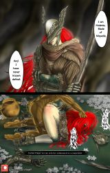 Rule 34 | 1boy, 1girl, absurdres, armor, armored dress, clothed female nude male, clothed sex, defeat, doggystyle, elden ring, english text, from software, grabbing, grabbing another&#039;s hair, grabbing from behind, helmet, highres, iiimp, instant loss, long hair, looking at viewer, malenia blade of miquella, muscular, muscular male, nude, red hair, sex, sex from behind, speech bubble