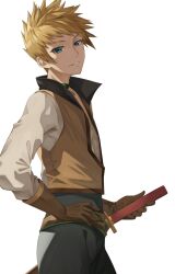 Rule 34 | 1boy, belt, black pants, blonde hair, blue eyes, brown gloves, brown vest, choker, commentary request, cowboy shot, gloves, guy cecil, hand on own hip, highres, long sleeves, looking at viewer, looking to the side, male focus, pants, parted lips, popped collar, rourou ill, sheath, sheathed, short hair, solo, spiked hair, sword, tales of (series), tales of the abyss, v-neck, vest, weapon, white background