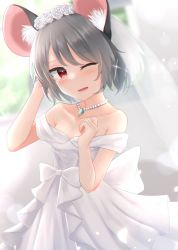 Rule 34 | 1girl, alternate costume, animal ears, blurry, blurry background, bow, bridal veil, dakuazu, dress, flower, grey hair, hair flower, hair ornament, hand in own hair, highres, jewelry, looking at viewer, mouse ears, nazrin, off-shoulder dress, off shoulder, one eye closed, open mouth, pendant, red eyes, rose, short hair, solo, touhou, veil, wedding dress, white bow, white dress, white flower, white rose