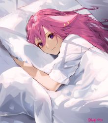 Rule 34 | 1girl, alternate costume, animal ears, bed sheet, commentary, earrings, fox ears, from above, futon, genshin impact, hair between eyes, highres, jewelry, long hair, looking at viewer, lufi ays, lying, on side, pajamas, pillow, pink hair, purple eyes, short sleeves, sidelocks, smile, solo, sunlight, under covers, waking up, yae miko