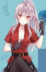 Rule 34 | 10s, 1girl, belt, belt buckle, black gloves, black pantyhose, black skirt, blush, breasts, buckle, cleavage, commentary request, crossed legs, dated, dot nose, facial scar, gangut (kancolle), gloves, hand fan, hibiki (kancolle), kabocha torute, kantai collection, large breasts, long hair, looking at viewer, miniskirt, open mouth, pantyhose, paper fan, pleated skirt, red eyes, red shirt, scar, scar on cheek, scar on face, shirt, short sleeves, silver hair, sitting, skirt, solo, teruterubouzu, twitter username, uchiwa, verniy (kancolle), wing collar