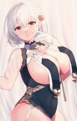 Rule 34 | 1girl, azur lane, braid, breast curtains, breasts, china dress, chinese clothes, dress, flower, garter straps, gloves, grey dress, hair flower, hair ornament, half gloves, highres, kayoubi (tuesday 91), large breasts, looking at viewer, official alternate costume, pelvic curtain, red eyes, revealing clothes, see-through sleeves, see-through, short hair, side braid, sirius (azur lane), sirius (azure horizons) (azur lane), solo, white gloves, white hair