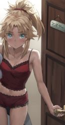 Rule 34 | 1girl, blonde hair, blue eyes, blush, breasts, camisole, doorway, expressionless, fate/apocrypha, fate (series), gluteal fold, groin, highres, looking at viewer, midriff, mordred (fate), no pants, panties, ponytail, pov doorway, red camisole, red panties, red scrunchie, scrunchie, shirt, short shorts, shorts, small breasts, solo, striped, tonee, translated, underwear