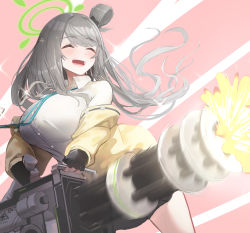 Rule 34 | 1girl, blue archive, blush, breasts, commentary request, closed eyes, fingerless gloves, firing, gatling gun, gloves, grey hair, halo, highres, huge breasts, id card, jacket, mannouyakunta, nonomi (blue archive), school uniform, simple background, solo, weapon