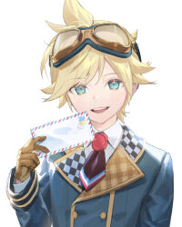 Rule 34 | 1boy, blonde hair, brown gloves, buttons, collared shirt, commentary request, gloves, goggles, goggles on head, green eyes, happy lovely everyday! (project sekai), highres, kagamine len, lapels, long sleeves, male focus, more more jump! (project sekai), more more jump! len, naoko (naonocoto), official alternate costume, open mouth, project sekai, shirt, short hair, simple background, solo, teeth, upper body, upper teeth only, vocaloid, white background
