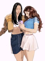 Rule 34 | 2girls, black hair, blue shirt, blue shorts, bomber jacket, breasts, brown hair, brown jacket, cbb (tuucoo), cellphone, closed eyes, cropped shirt, forehead, highres, holding, holding phone, jacket, k-pop, long hair, looking down, medium breasts, midriff, multiple girls, navel, parted lips, phone, pink background, real life, realistic, red velvet (group), seulgi (red velvet), shirt, shorts, skirt, smartphone, smile, wendy (red velvet), white shirt, white skirt