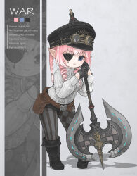 Rule 34 | 1girl, absurdres, asymmetrical legwear, axe, belt, black footwear, black gloves, black headwear, blue eyes, boots, checkered clothes, checkered legwear, closed mouth, collar, drill hair, english text, eyepatch, final fantasy, final fantasy xiv, flat cap, flat chest, full body, gloves, goggles, goggles on headwear, hat, highres, holding, holding axe, lalafell, leaning forward, leaning on weapon, lips, medium hair, multiple views, pink hair, pointy ears, puluie, shadow, shirt, simple background, striped clothes, striped thighhighs, thighhighs, twin drills, warrior (final fantasy), warrior of light (ff14), white collar, white shirt