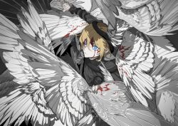 Rule 34 | 1boy, absurdres, animal, animal around neck, animal on arm, animal on head, bleeding, blonde hair, blood, blood on face, blue eyes, feathered wings, from above, grabbing another&#039;s wing, hair between eyes, hand up, highres, injury, looking up, male focus, on head, original, outstretched arm, sketch, snake, solo, struggling, stuck, upper body, wings, xichenqi104