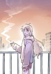 Rule 34 | 1girl, ahoge, blonde hair, bocchi the rock!, building, cigarette, cigarette pack, commentary, cowboy shot, crying, crying with eyes open, english commentary, hair down, highres, holding, holding cigarette, holding cigarette pack, hood, hoodie, ijichi nijika, long hair, long sleeves, looking at viewer, outdoors, parted lips, railing, red eyes, red shorts, shorts, smoking, solo, sunset, tears, white hoodie, yogurt pt