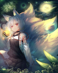 Rule 34 | 1girl, animal ear fluff, animal ears, black shirt, black skirt, blurry, blurry foreground, breasts, closed mouth, collarbone, commentary request, depth of field, fox ears, fox girl, fox tail, hair between eyes, highres, kitsune, kyuubi, long sleeves, looking at viewer, multiple tails, open clothes, original, pleated skirt, red eyes, revision, ribbon-trimmed sleeves, ribbon trim, shirt, short hair, silver hair, skirt, sleeves past wrists, small breasts, solo, sugar (dndi888), tail, v-shaped eyebrows, wide sleeves